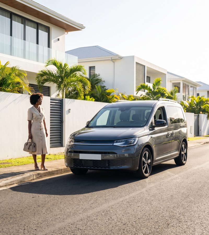 Passagère attendant son véhicule dans une rue résidentielle de Guadeloupe